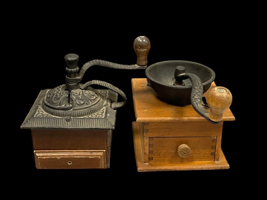 TWO VINTAGE WOOD AND CAST IRON COFFEE GRINDERS (1 of 10)