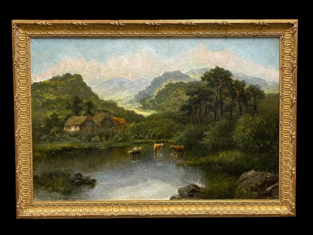 LISTED BRITISH ARTIST WILLIAM LANGLEY ORIGINAL OIL ON CANVAS PAINTING OF HIGHLAND LANDSCAPE: FEATURING THREE HIGHLAND CATTLE GRAZING IN A SHALLOW BODY OF WATER, GILT FRAME, SIGNED BY ARTIST IN LOWER LEFT, WILLIAM LANGLEY WAS A BRITISH-BORN ARTIST (1852-1922), KNOWN FOR HIS WORK AS A PAINTER,