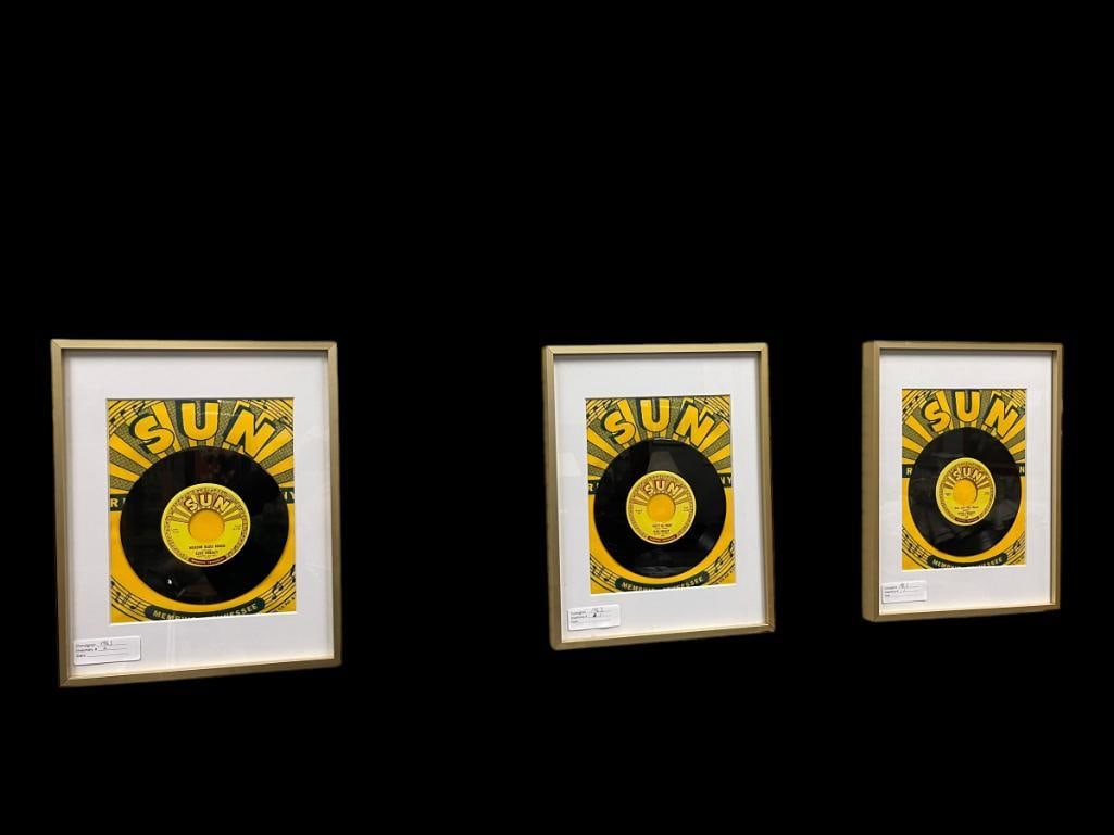 THREE COLLECTIBLE ELVIS PRESLEY RE-ISSUE 45'S RECORD DISPLAYS WITH "SUN" STUDIO RECORD LABELS BEH... (1 of 6)