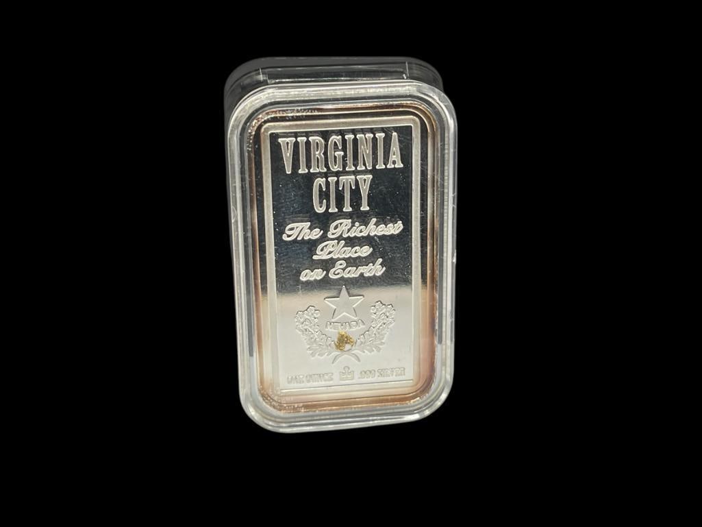 VIRGINIA CITY "THE RICHEST PLACE ON ERTH" .999 FINE SILVER BAR WITH GOLD TONE NUGGET: NEVADA THEME 1 TROY OUNCE