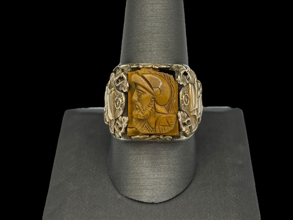 VINTAGE STERLING SILVER AND 10K YELLOW GOLD SAILOR'S NAUTICAL SHIP RING WITH CARVED TIGER'S EYE (1 of 7)