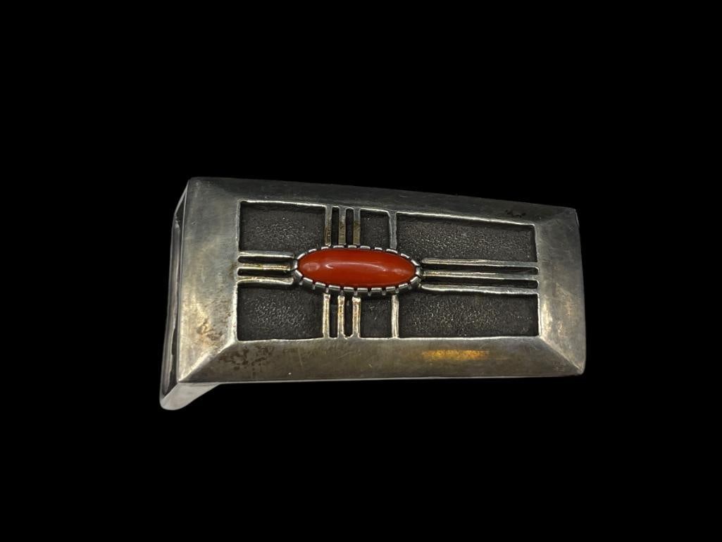 VINTAGE NAVAJO STERLING SILVER CORAL BELT BUCKLE: FEATURING GEOMETRIC NAVAJO DESIGN, SIGNED BY ARTIST BUT ILLEGIBLE 2 3/4", 18MM CORAL, 52.95 GRAMS