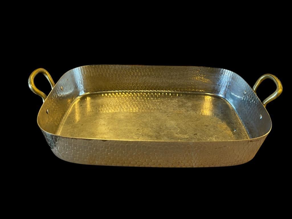 COPPER ROASTING PAN WITH DUAL BRASS HANDLES AND GOLD TONE FINISH (1 of 6)