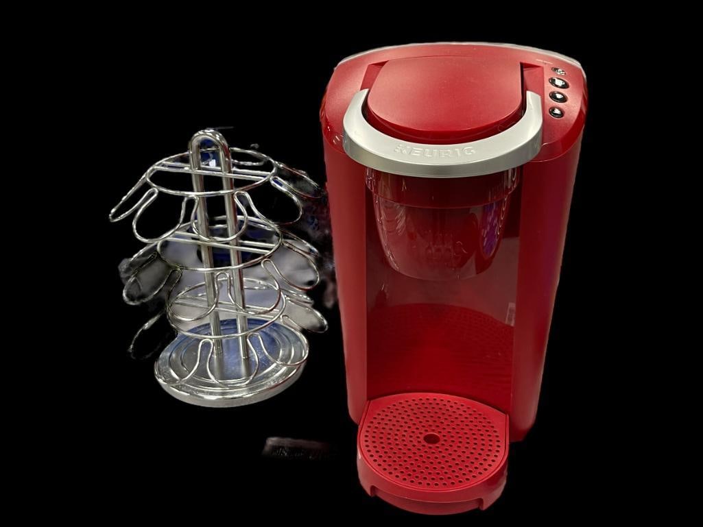 RED KEURIG COFFEE MAKER: TESTED 8 1/2" W X 13" D X 12" H