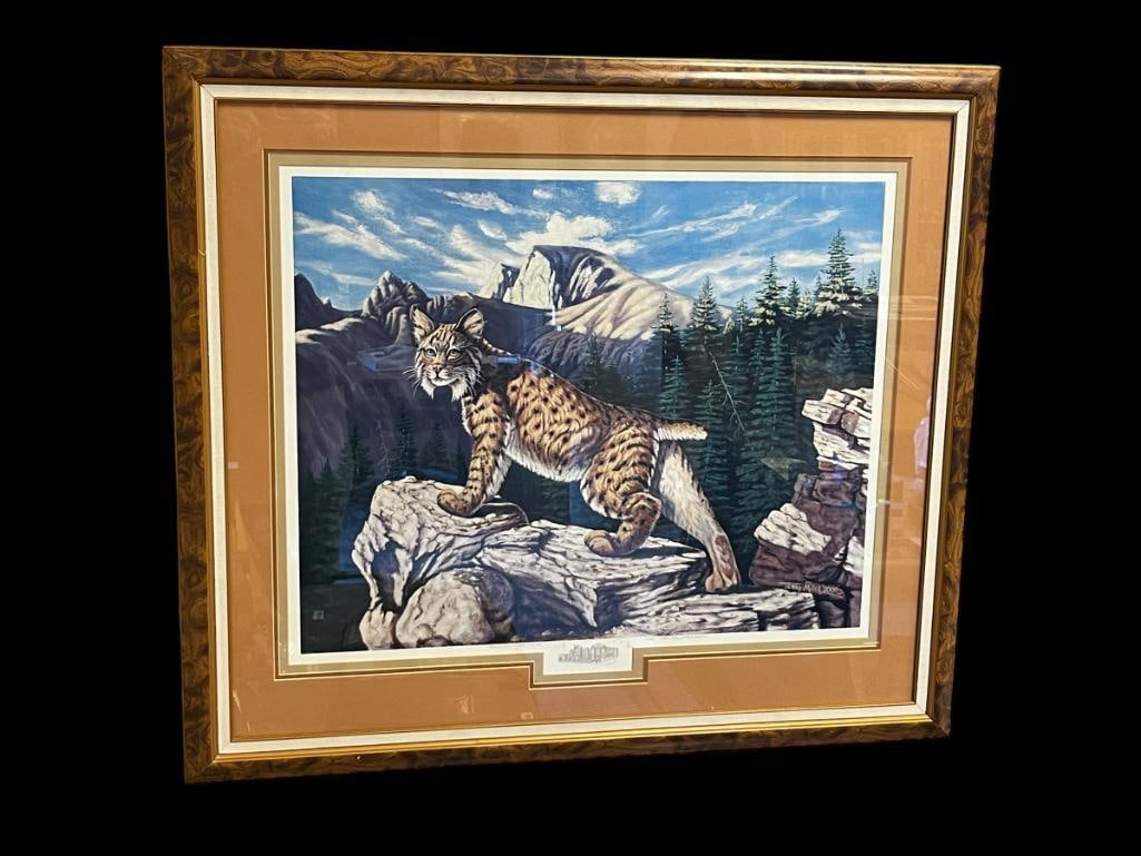TERRY MILLER SIGNED AND NUMBERED LIMITED EDITION WILDLIFE YOSEMITE LYNX PRINT: NUMBERED 8/400 S/N, "FOR JACK AND JUDY NORCROSS," WRITTEN BY ARTIST ON PRINT, NO ARTIST SIGNATURE PRESENT WHICH IS IRONIC, FRAMED AND TRIPLE MATTED 42" X 36"
