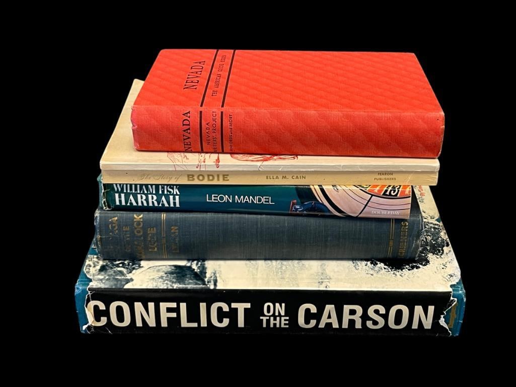 SIX BOOKS ON NEVADA AND BODIE INCLUDING "NEVADA WRITER'S PROJECT" AND "WILLIAM FISK HARRAH": ALSO INCLUDES "PAYDIRT VALUES IN THE ROUGH" BY BREWSTER ADAMS HAND SIGNED IN 1951, "THE SAGA OF THE COMSTOCK LODE" BY GEORGE D. LYMAN PRINTED IN 1943, AND "CONFLICT IN CARSON" BY GRACE DANGBERG COPYRI
