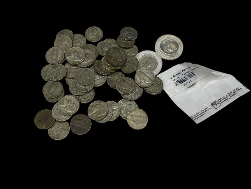 35% SILVER WAR TIME U.S. JERFFERSON NICKELS: FEATURES DATES FROM 1942 - 1945, 70 COINS