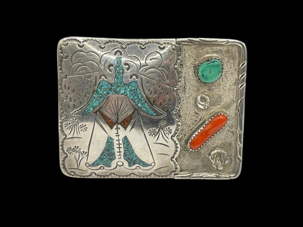 VINTAGE NAVAJO STERLING SILVER TURQUOISE AND CORAL STAMPED BELT BUCKLE: UNIQUE DESIGN, SIGNED BY ARTIST "BB," HANDMADE 2 1/2", 35.52 GRAMS