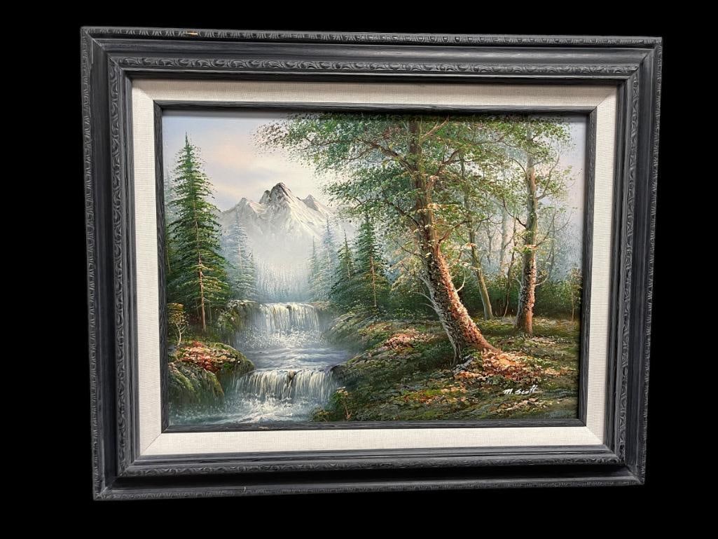 ORIGINAL OIL ON CANVAS LANDSCAPE PAINTING OF RIVER MOUNTAIN SCENE SIGNED BY ARTIST MICHAEL SCOTT: FEATURES A WATERFALL WITH SNOW CAPPED MOUNTAINS IN THE BACKGROUND, SIGNED BY ARTIST IN LOWER RIGHT "M. SCOTT," FRAMED 21" X 17"