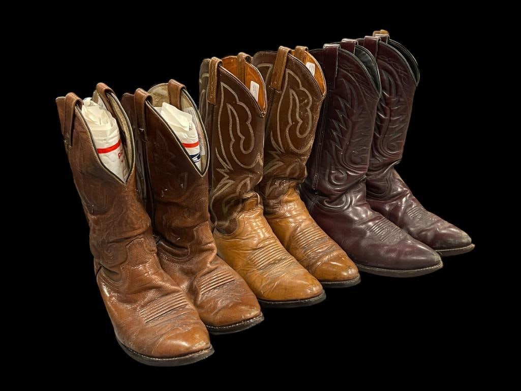 THREE PAIR OF WESTERN MEN'S BOOTS INCLUDING DAN POST, CIRCLE A BRAND, AND J. CHISOLM BOOTS (1 of 18)