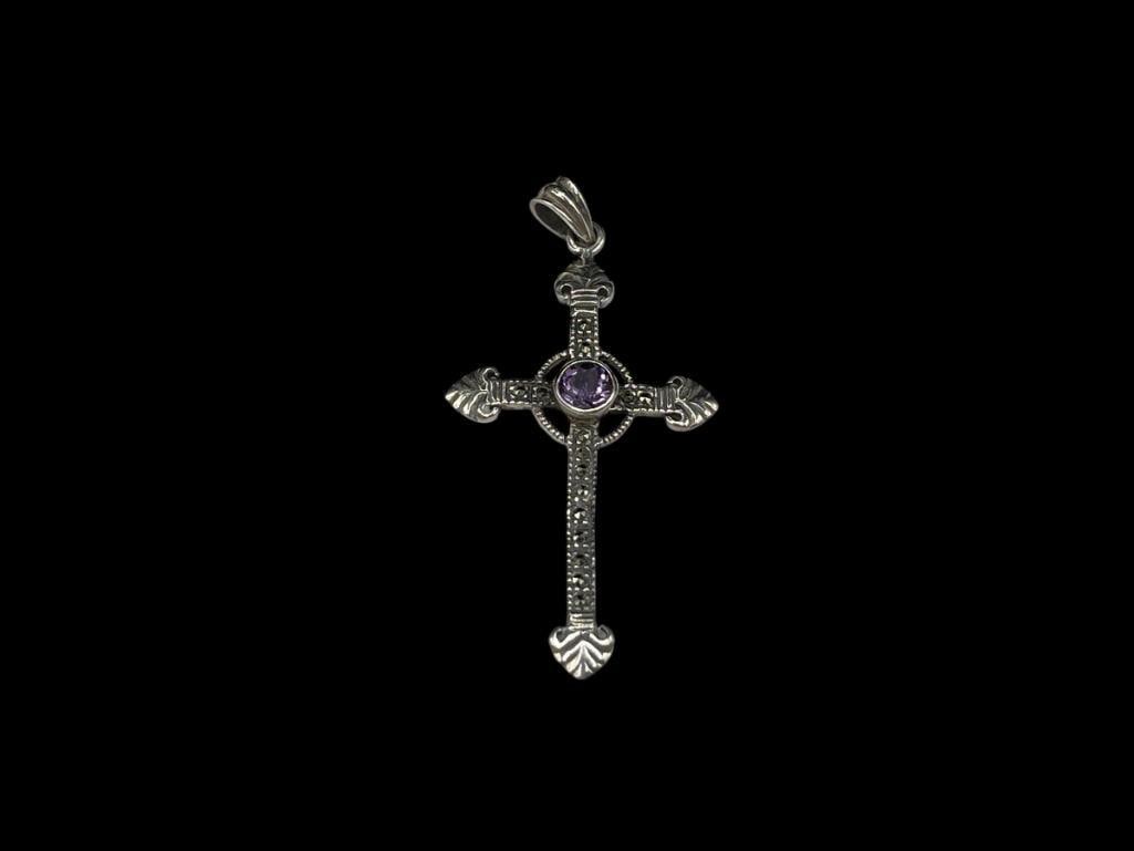 VINTAGE STERLING SILVER AMETHYST AND MARCASITE CROSS PENDANT: HALLMARKED BY DESIGNER 2", 3.76 GRAMS