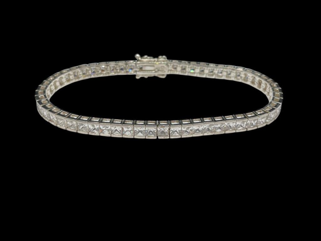 STERLING SILVER CHANNEL SET PRINCESS CUT CZ TENNIS BRACELET (1 of 4)