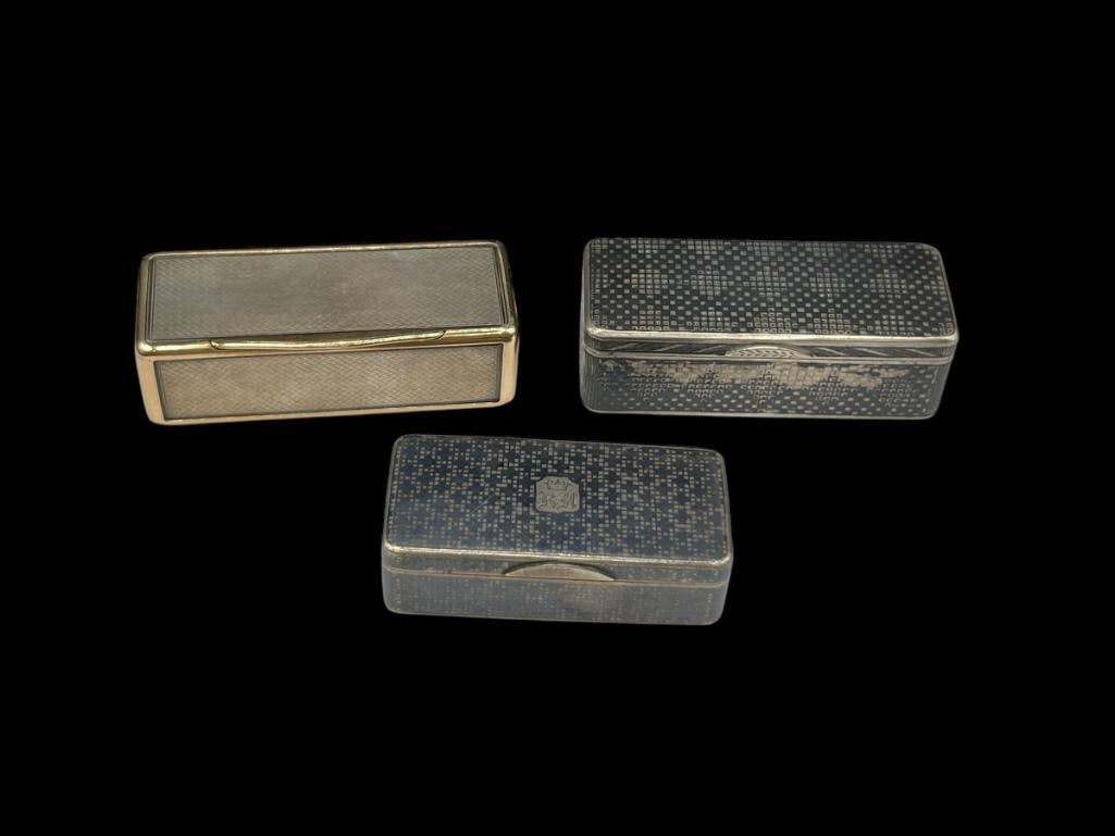 THREE ANTIQUE MIDDLE EASTERN SILVER PLATED PILL BOXES WITH HALLMARKS: LARGEST IS 3"