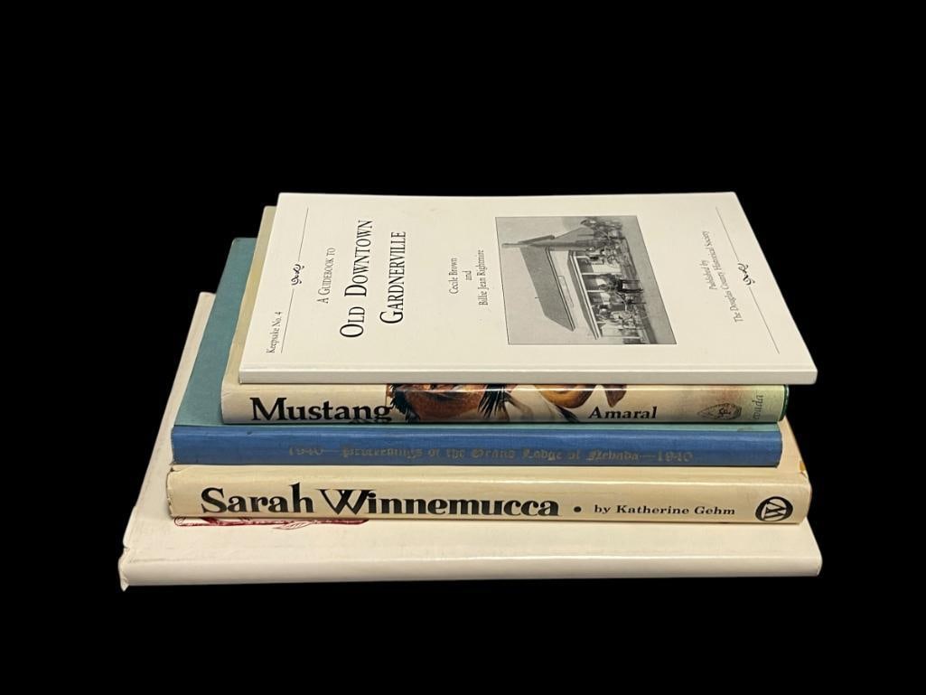 FIVE VARIOUS BOOKS RELATING TO HISTORY OF NEVADA ITS WILDLIFE, FAMOUS FIGURES AND MORE: MOSTLY VINTAGE BOOKS INCLUDING, 1978 "MUSTANG" BY ANTHONY AMARAL, 2004 "A GUIDEBOOK TO OLD DOWNTOWN GARDNERVILLE" FIRST EDITION, 1940 "NEVADA" PROCEEDINGS OF THE GRAND LODGE OF FREE MASONS, 1975 "SARA