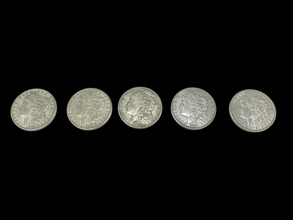 FIVE 1921 U.S. MORGAN SILVER DOLLARS WITH VARIOUS MINT MARKS (1 of 8)