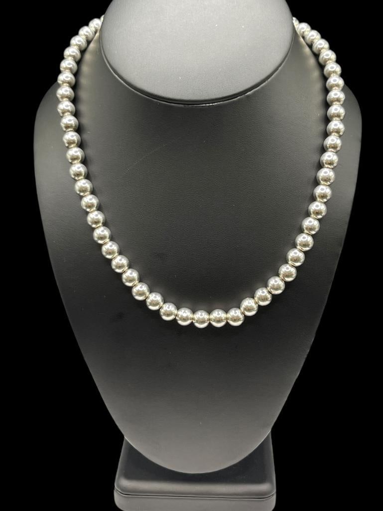 STERLING SILVER BEAD NECKLACE: 18" NECKLACE, 8MM BEADS, 26.36 GRAMS