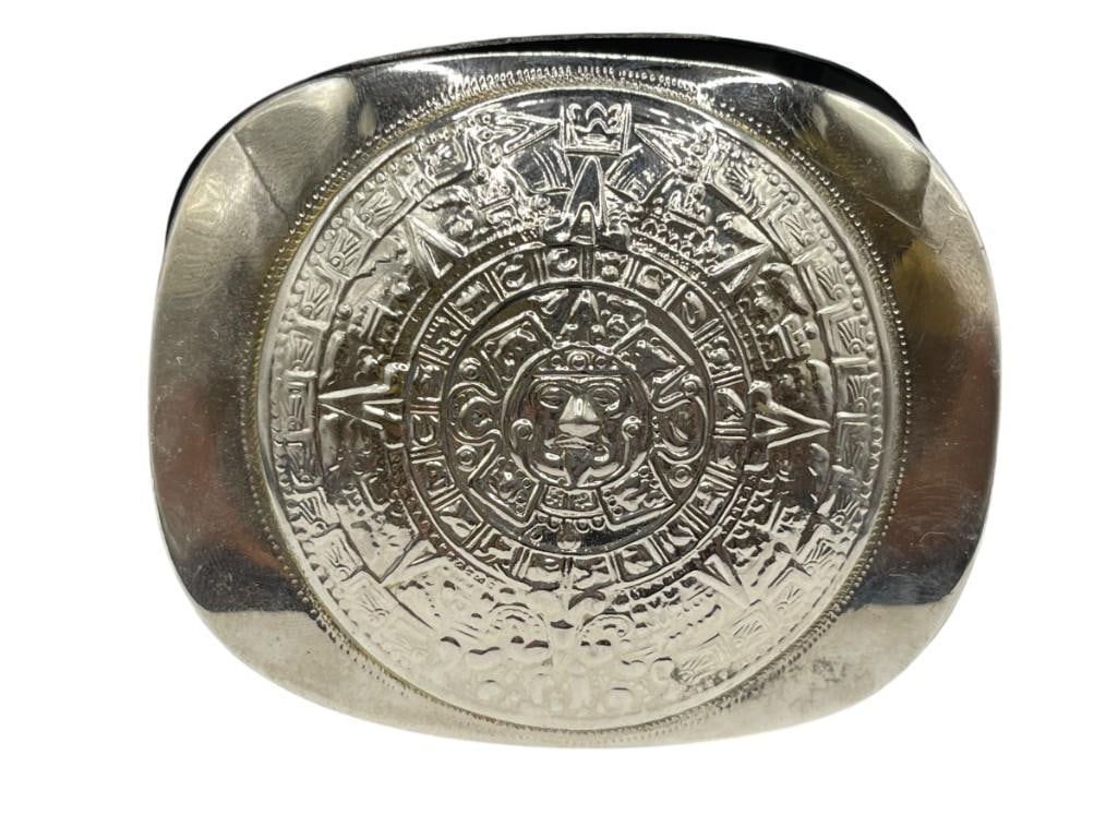 SILVERPLATED MAYAN CALENDAR BELT BUCKLE: TAXCO, MEXICO DESIGN, HALLMARKED BY MAKER 3 3/4" X 3"