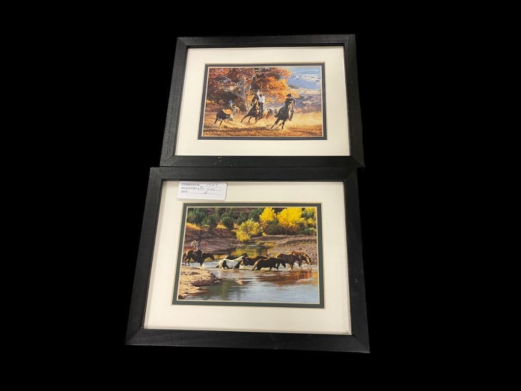 TIM COX WESTERN WILDLIFE RENOWN ARTIST MINIATURE PRINTS: HEADING FOR THE HEELS AND RIVER CROSSING, EACH FRAMED 11" X 9"