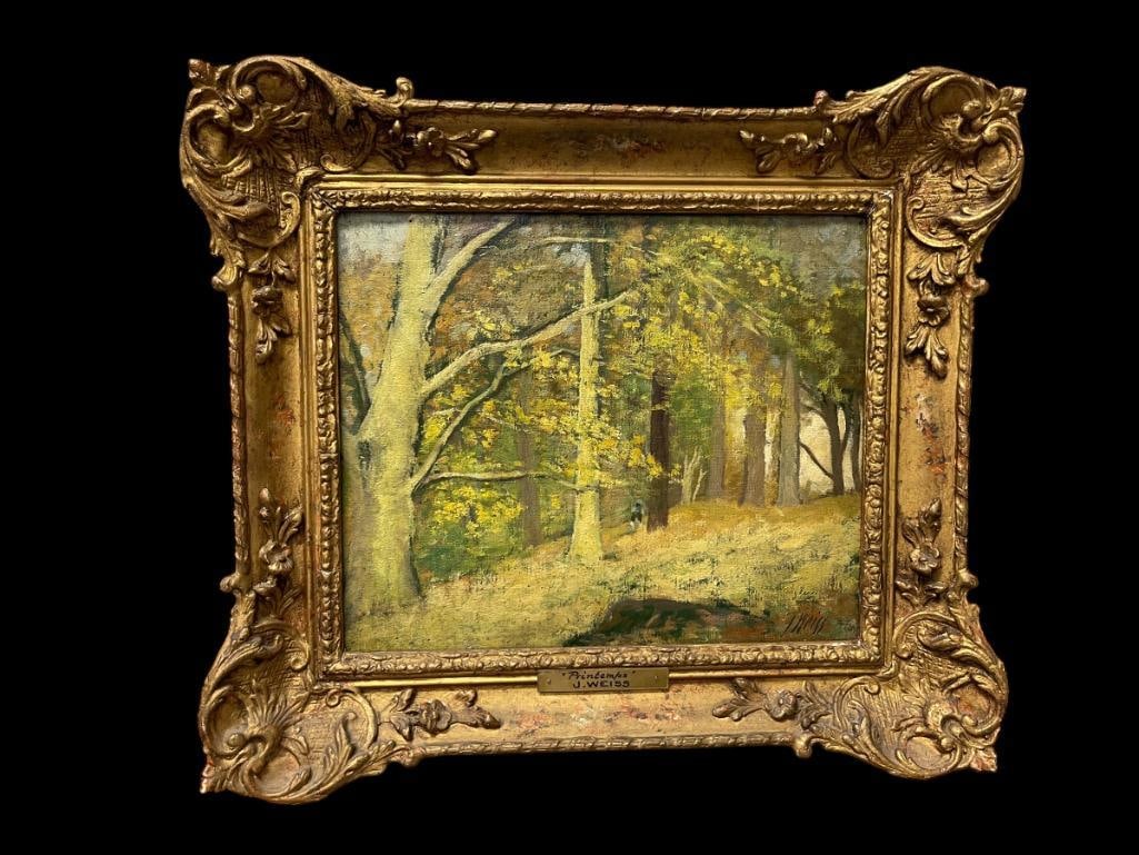 ANTIQUE OIL ON CANVAS ORIGINAL PAINTING BY JOSE WEISS "PRINTEMPS" OF A DENSE FOREST LANDSCAPE: PAINTING FETURES DEEP GREEN AND YELLOWS, PERFECT FALL THEMED PAINTING, JOSE WEISS (1859-1919) FRENCH LANDSCAPE ARTIST, PARIS BORN ARTIST WHO SETTLED IN ENGLAND IN 1893, DEPICT FOREST SCENE WITH MATURE