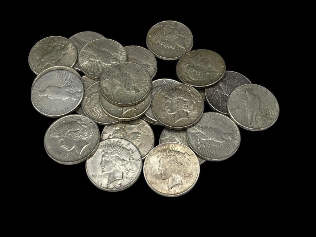 25 ASSORTED U.S. PEACE SILVER DOLLARS FEATURING MOSTLY 1922 AND 1923 DATES (1 of 9)