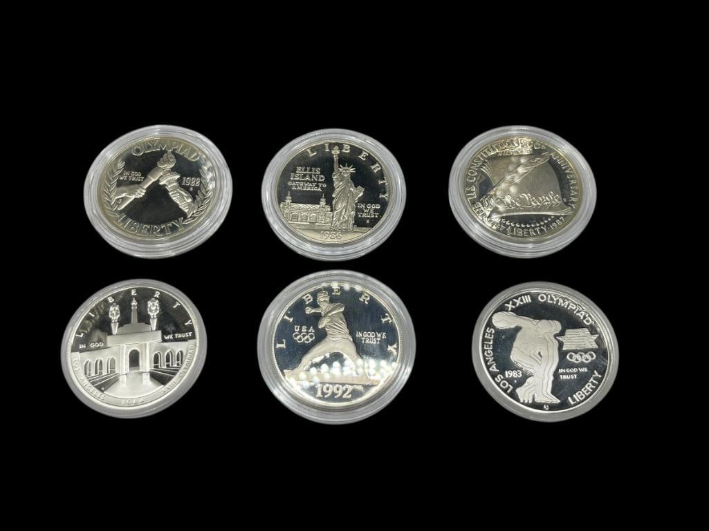 SIX .999 FINE SILVER COMMEMORATIVE SILVER DOLLARS INCLUDING OLYMPIC AND LIBERTY COINS (1 of 11)
