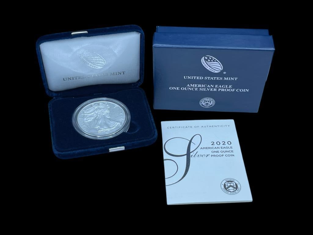 2020 AMERICAN SILVER EAGLE PROOF COIN IN ORIGINAL CASE WITH CERTIFICATE OF AUTHENTICITY AND BOX: .999 FINE SILVER 1 TROY OUNCE