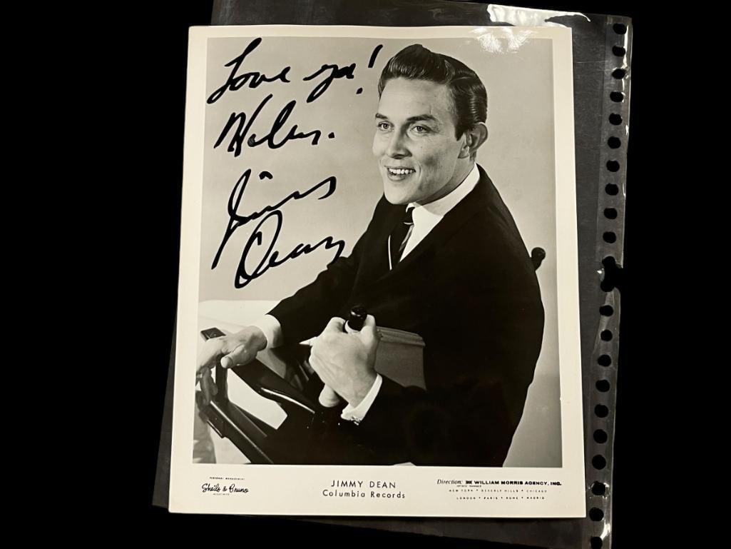 JIMMY DEAN HOLLYWOOD AUTOGRAPHED BLACK AND WHITE PHOTOGRAPH FROM THE COLLECTION OF WILLIAM BROWER: AUTOGRAPHED "LOVE YOU! JIMMY DEAN," ON COLUMBIA RECORDS PHOTOGRAPH,Â GIVEN TO WILLIAM BROWER A PUBLIC FIGURE OF SOUTH LAKE TAHOE, 2094 TAHOE ELK LODGE, MEMBER OF FARNUM'S ORCHEST