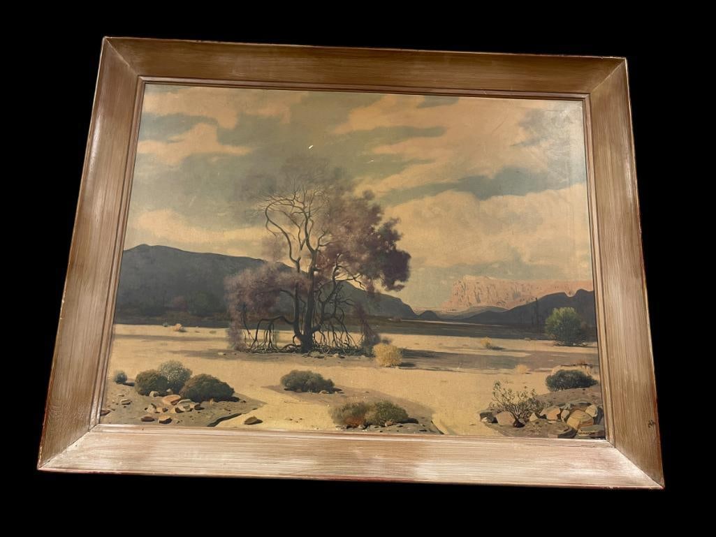 TEXTURED PRINT ON BOARD OF ARIZONA LANDSCAPE "DESERT TREES" BY LISTED ARTIST JAMES SWINNERTON: FEATURES A DESERT VEGETATION, LISTED ARTIST KNOWN FOR PAINTINGS OF LANDSCAPES THROUGHOUT NEW MEXICO, ARIZONA, AND NEVADA 46" X 36" Â 