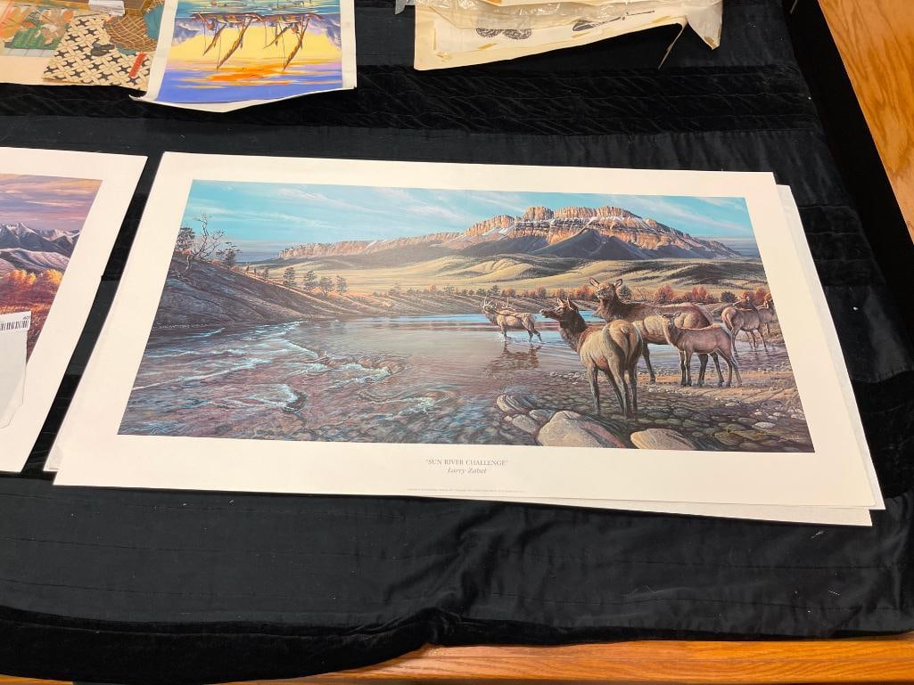 LISTED ARTIST LARRY ZABEL "SUN RIVER CHALLENGE" LIMITED EDITION SIGNED AND NUMBERED PRINT: 2000, PRINT OF A HERD OF ELK MIGRATING THROUGH MONTANA LANDSCAPE, NUMBERED 311/500, SIGNED BY ARTIST IN LOWER RIGHT, INCLUDES CERTIFICATE OF AUTHENTICITY, LARRY ZABEL (MONTANA, CALIFORNIA ARTIST, 1930