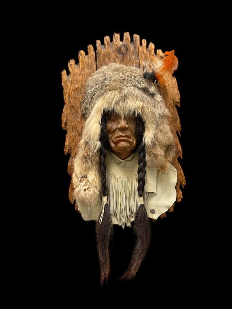 VINTAGE WOOD, LEATHER, RESIN, FUR, AND HORSEHAIR NATIVE AMERICAN CHIEF BUST WALL ART (1 of 9)