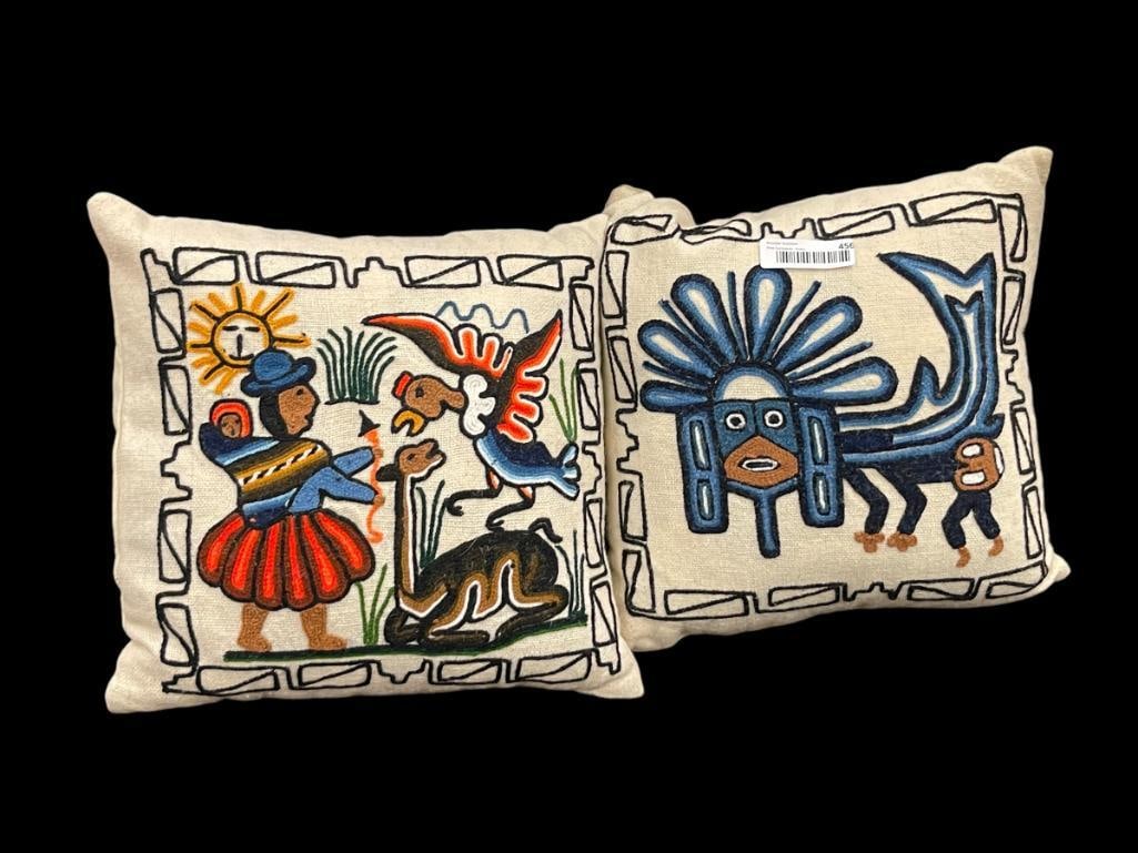 PAIR OF VINTAGE PERUVIAN HAND WOVEN EMBROIDERED THROW PILLOW COVERS AND PILLOWS (1 of 7)
