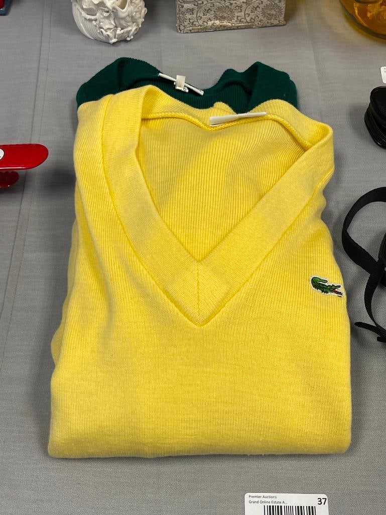 VINTAGE CHEMISE LACOSTE DESIGNER V-NECK SWEATERS IN GREEN AND YELLOW MADE IN FRANCE: BOTH SIZE XL