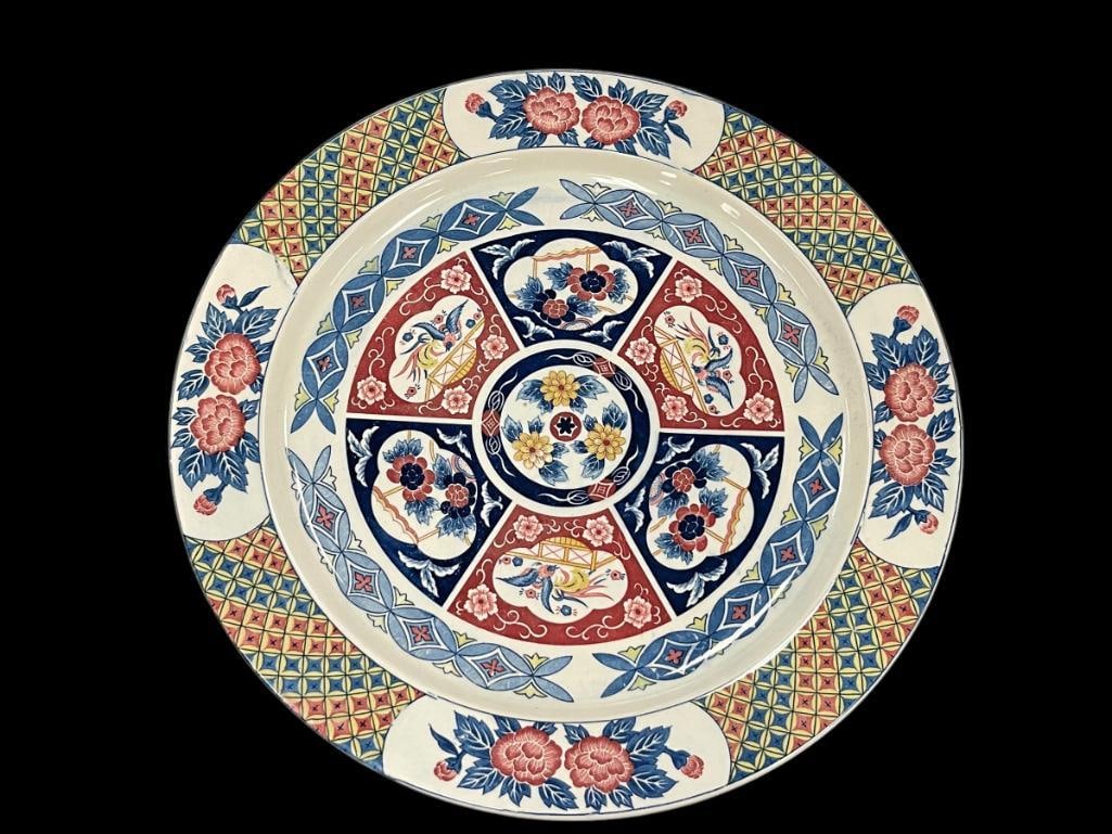 GOLD IMARI JAPANESE PORCELAIN CHARGER, EDO PERIOD STYLED 21ST CENTURY: VIBRANT COLORS DECORATED WITH BIRDS AND FLOWERS 16"