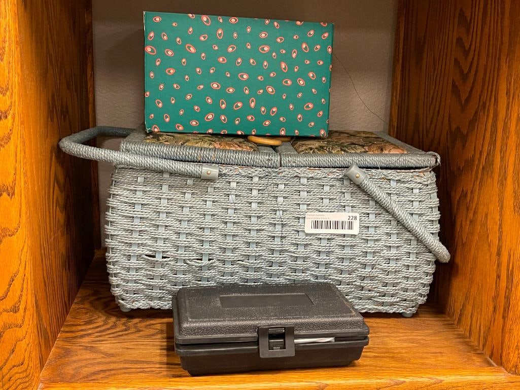 PADDED SEWING CADDY BASKET, SEWING SUPPLIES, CRAFT ITEMS, PEN NIBS, AND GUTERMANN SEW ALL THREAD ...: ALSO INCLUDES GLUE GUN AND GLUE STICKS, SEVERAL SPOOLS OF THREAD, AND MORE BASKET IS 15" L X 9" W X 10" H
