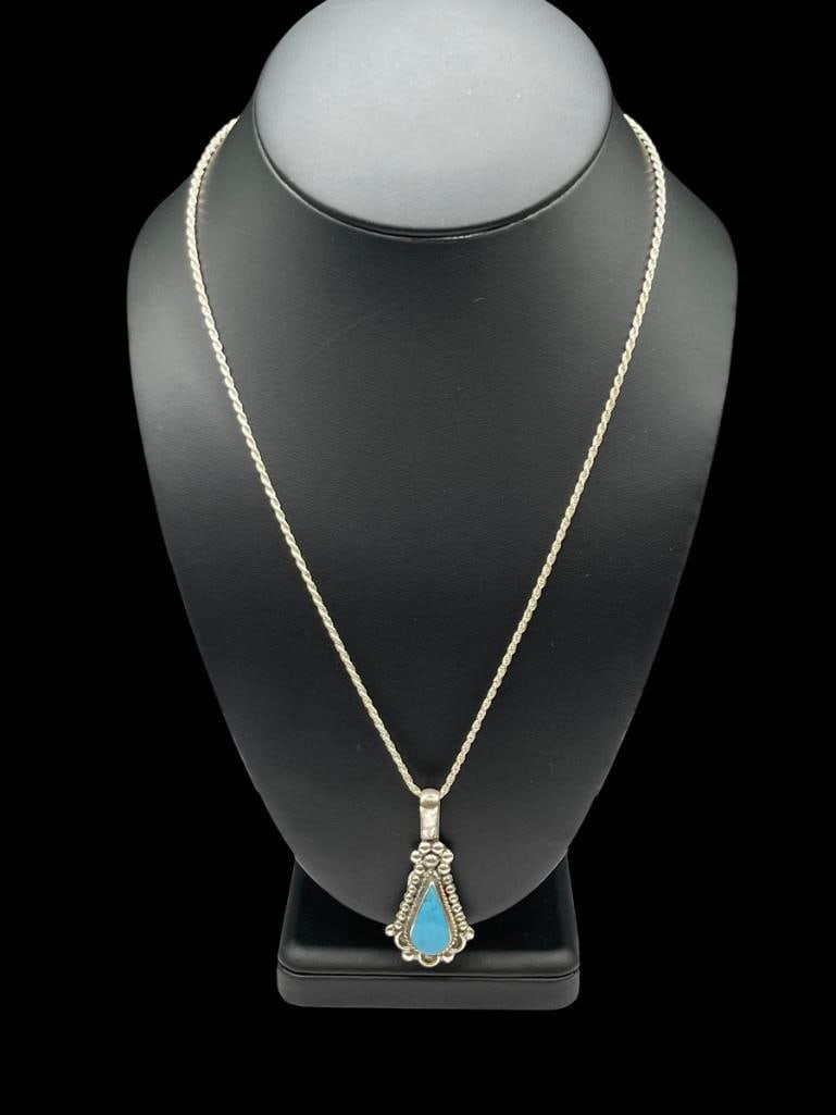 NAVAJO SIGNED YANNETTE YATSA ZUNI HANDMADE KINGMAN TURQUOISE PENDANT NECKLACE (1 of 7)