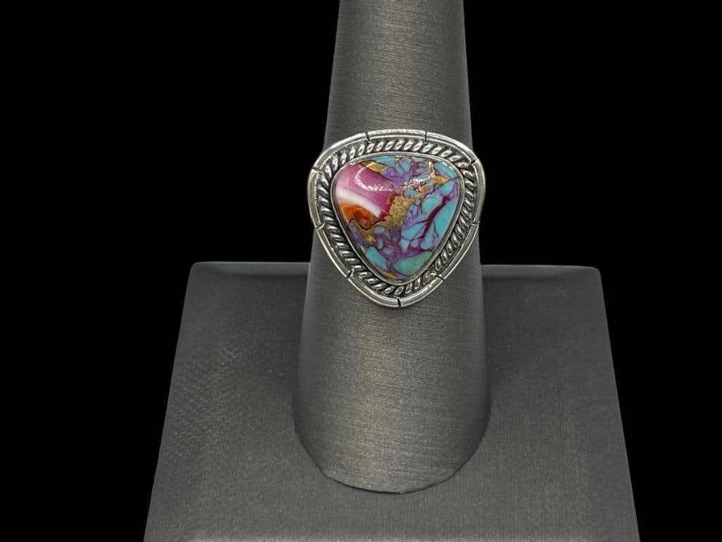 STERLING SILVER KINGMAN PINK DAHLIA STONE RING: FEATURING A TRIANGLE SHAPED DESIGN SIZE 8 1/2, 3/4" FRONT, 5.08 GRAMS