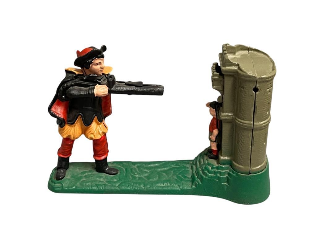REPRODUCTION WILLIAM TELL SHOOTING MECHANICAL CAST IRON COIN BANK: DEPICTS SWISS HERO SHOOTING APPLE OFF OF SONS HEAD, FUNCTIONAL 9 1/2" L