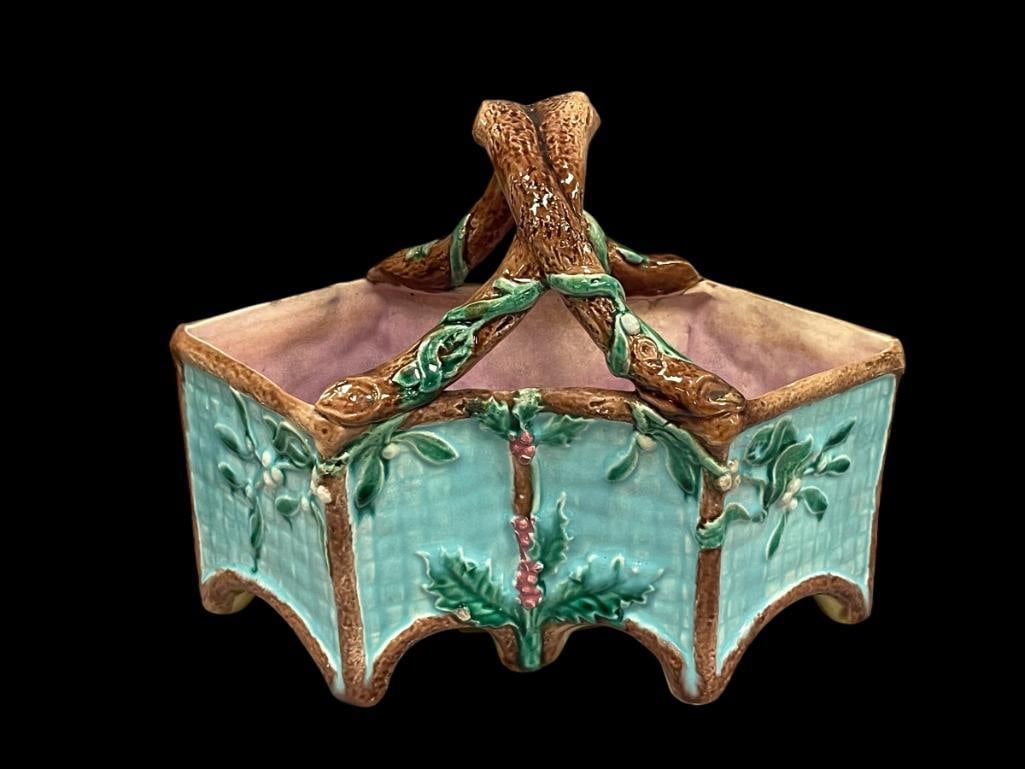 19TH CENTURY VICTORIAN MAJOLICA BASKET DECORATED WITH BERIES AND LEAF DESIGN  WITH TWIG HANDLE (1 of 12)