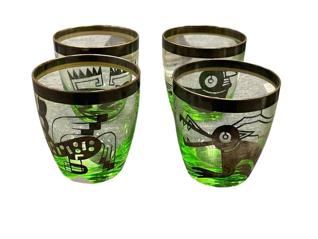 VINTAGE AZTEX OR MAYAN ANIMAL SILVER OVERLAY DECORATED GREEN GLASS DRINKING GLASSES SET OF FOUR (1 of 10)