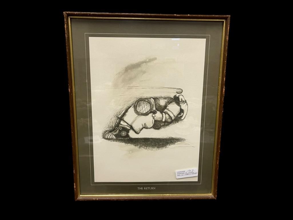 GARY PATTERSON AMERICAN CARTOONIST ARTIST PRINT TITLED THE RETURN TENNIS PRINT: CARTOON PRINT OF MAN DODGING TENNIS BALL, FRAMED 16 1/2" X 21"
