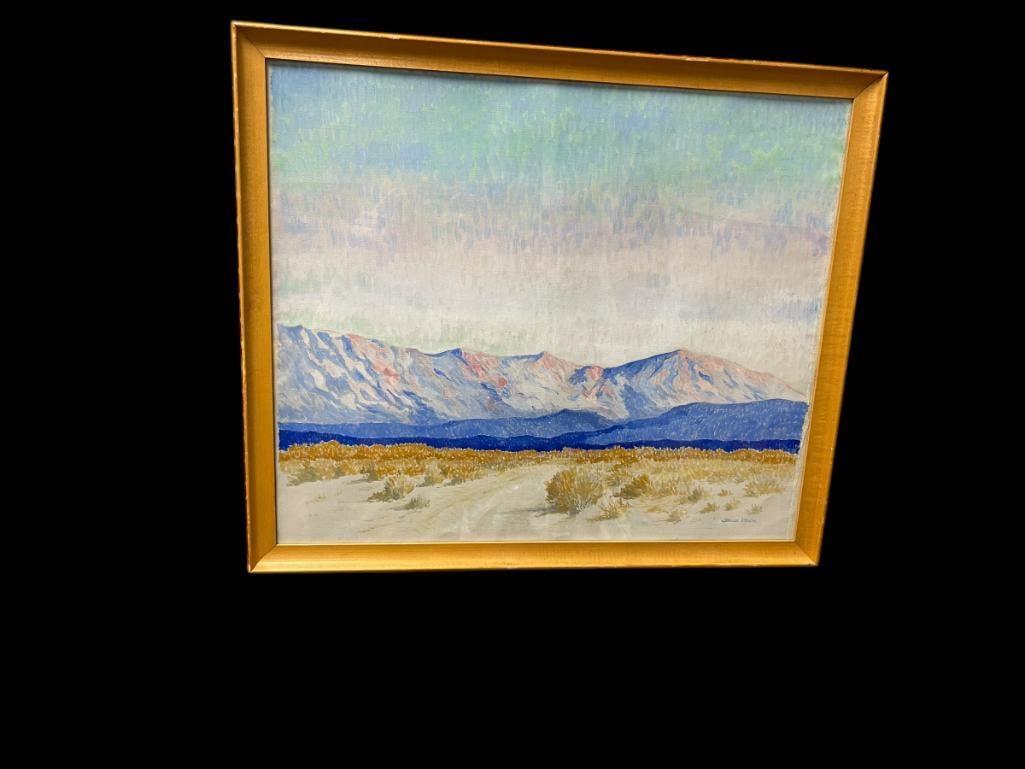 JONAS MALM ORIGINAL OIL ON CANVAS DESERT MOUNTAIN LANDSCAPE PAINTING TITLED LATE AFTERNOON: ARTIST INFO ON REVERSE, FRAMEDÂ 26" X 22"