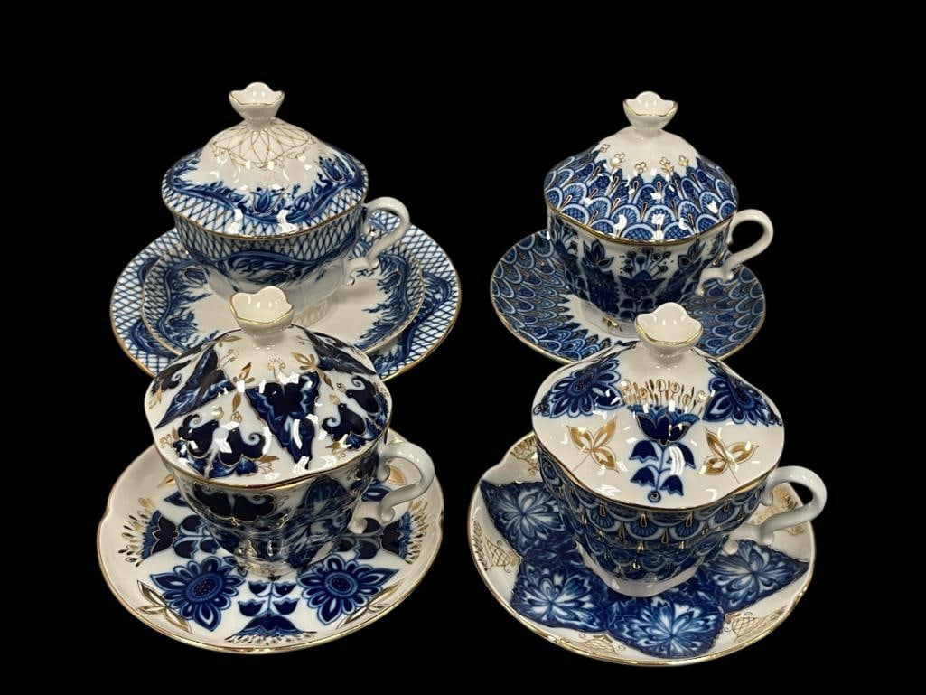 USSR SOVIET UNION LOMONOSOV COBALT AND WHITE PORCELAIN TEA CUPS AND SAUCERS WITH LIDS (1 of 15)