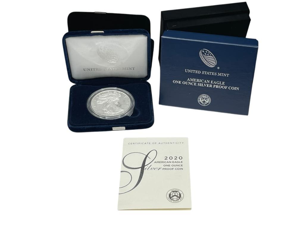 2020 U.S. MINT AMERICAN SILVER EAGLE .999 FINE SILVER PROOF COIN INCLUDING ORIGINAL BOX AND CASE (1 of 10)