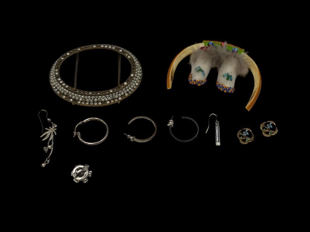 NATIVE AMERICAN CARVED BONE PIN AND VINTAGE JEWELRY: MISC. PIECES OF JEWELRY