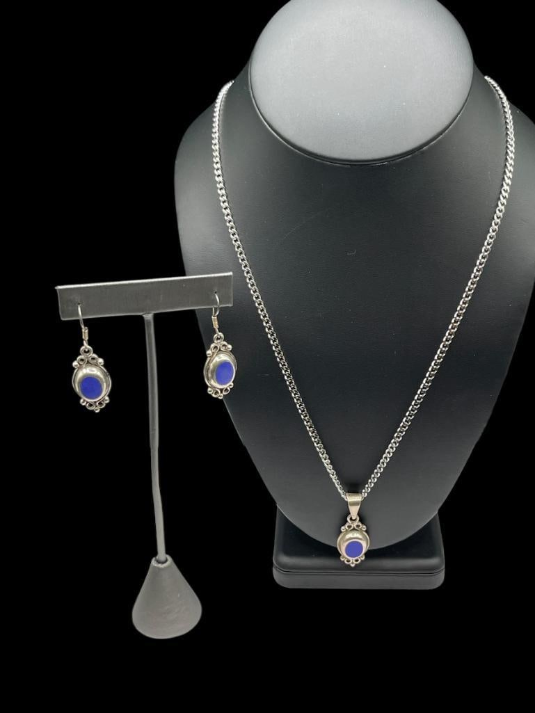 VINTAGE TAXCO MEXICO STERLING SILVE RBLUE LAPIS PENDANT AND EARRINGS SET (1 of 7)