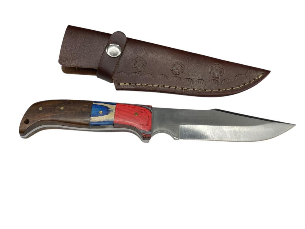 FIXED BLADE FULL TANG KNIFE WITH RED, WHITE, AND BLUE WOOD AMERICAN THEMED HANDLE (1 of 8)