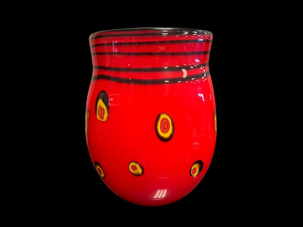 VINTAGE MURANO SPECKLED ART GLASS VASE FEATURING A DEEP RED WITH BLACK AND YELLOW HIGHLIGHTS: 10" H