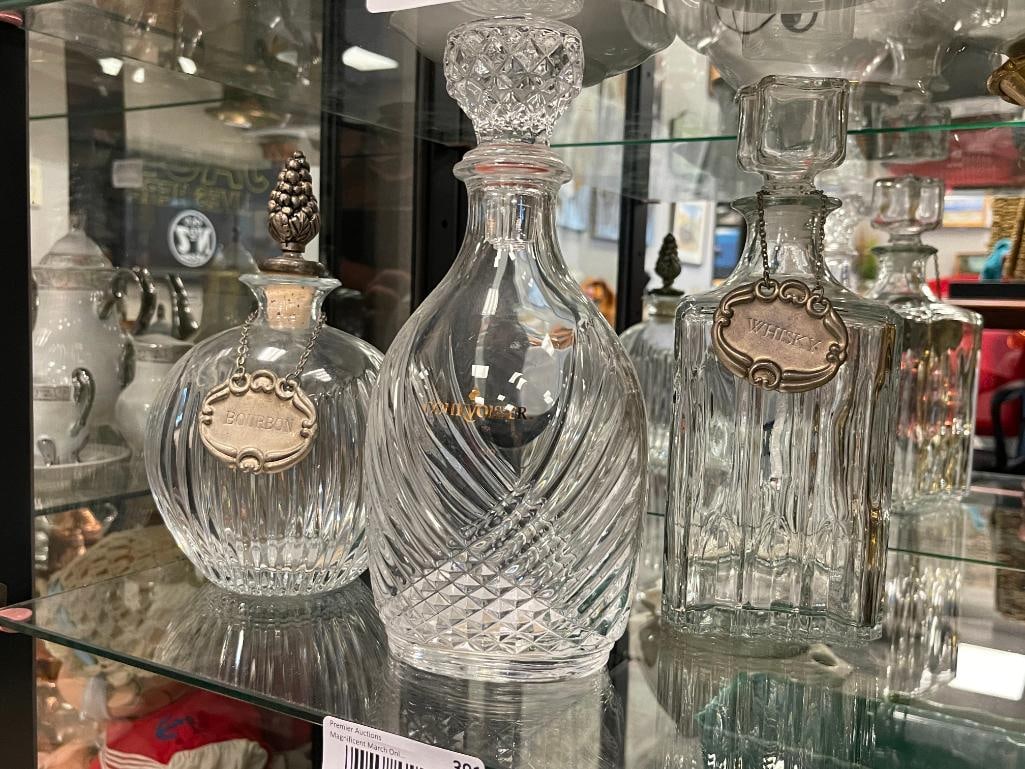 COURVOISIER CRYSTAL DECANTER AND TWO GLASS DECANTERS WITH WHISKEY AND BOURBON SILVERPLATED LABELS (1 of 8)