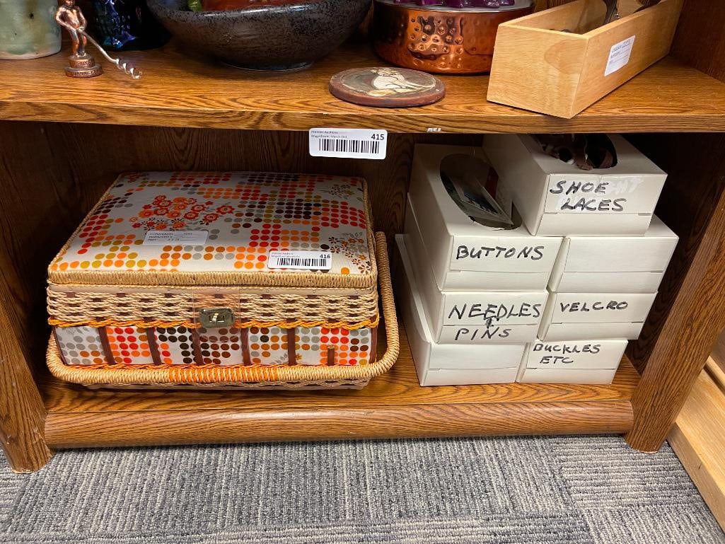 WICKER SEWING BASKET WITH SUPPLIES INCLUDING BUTTONS, THIMBLES, FABRIC, NEEDLES, AND LECLERC SHUT... (1 of 17)