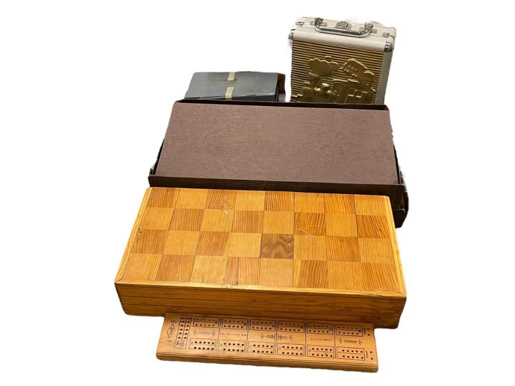 ASSORTED GAMES INCLUDING DOMINOES, WOODEN CHESS BOX, ANCIENT ROMAN STYLE CHESS FIGURES, AND MORE (1 of 10)